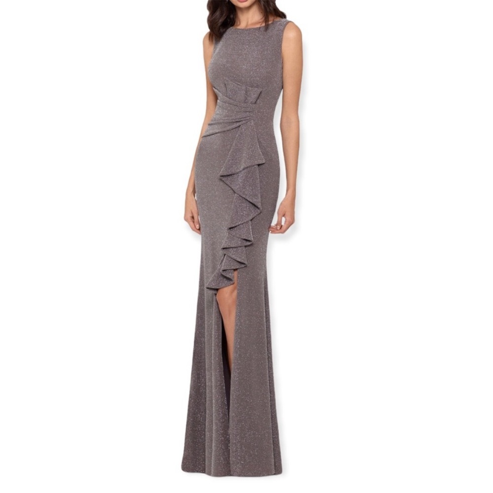 Betsy & Adam Cascade Front Glitter Gown Size 6
